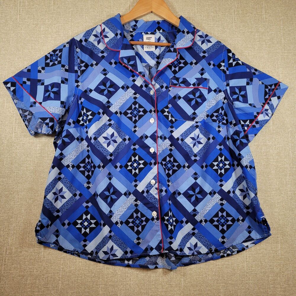 Land’s End Short Sleeve Cotton Poplin Lounge Top, Blue Quilt Patchwork